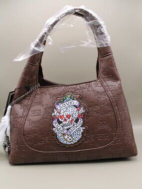 Ed Hardy Chocolate Brown Skull Embossed Love Kills Slowly Satchel Bag NWT